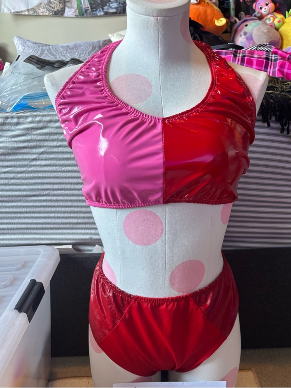 Girls Two-Tone Pink & Red Shiny One-Piece Swim Set